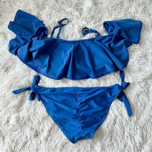 SHEKINI Off The Shoulder Sexy Low Waist Padding Bikini Two Piece Swimsuit Blue - Picture 9 of 13